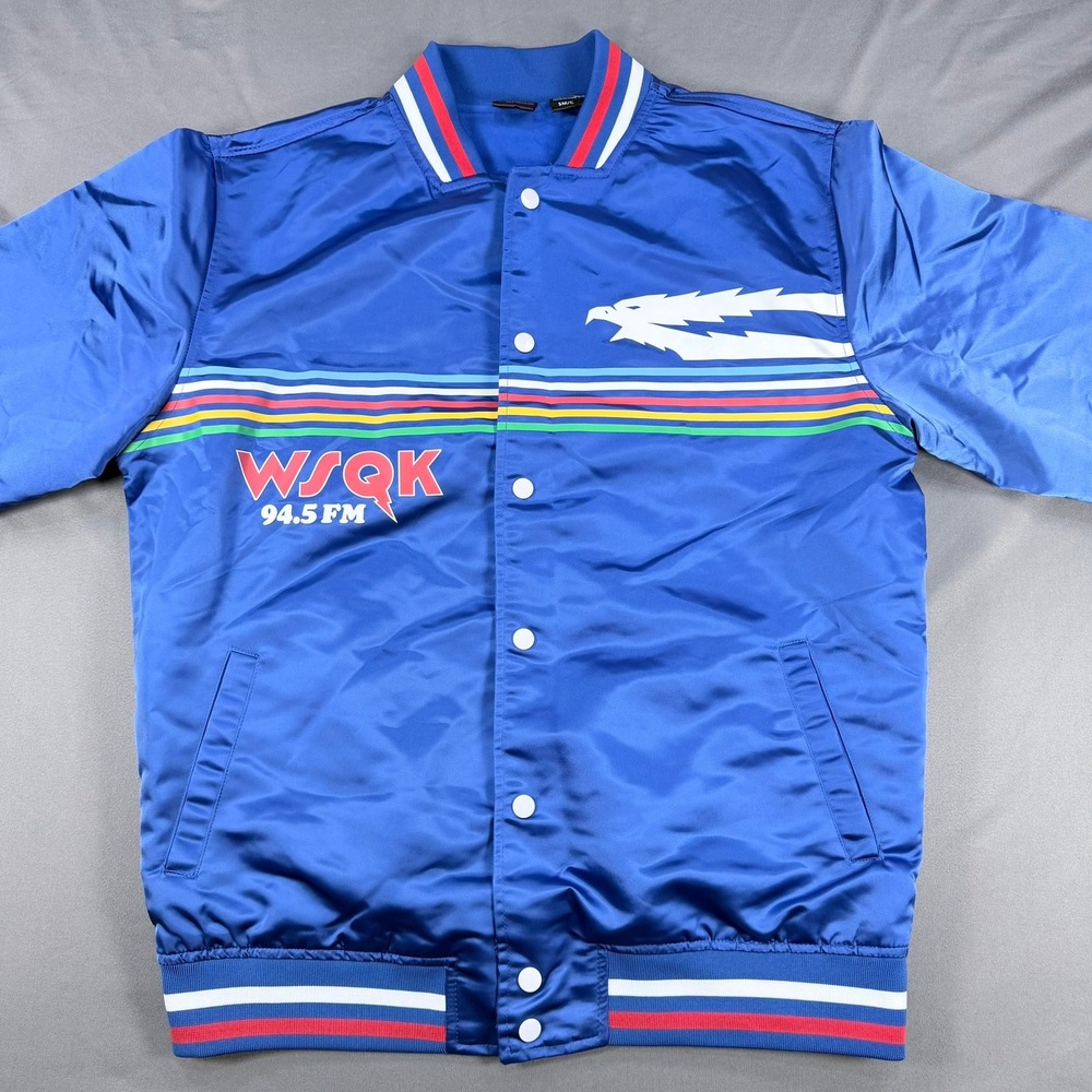 Stranger Things Mens S Blue Satin Bomber Jacket WSQK 94.5 FM Retro Netflix 80s